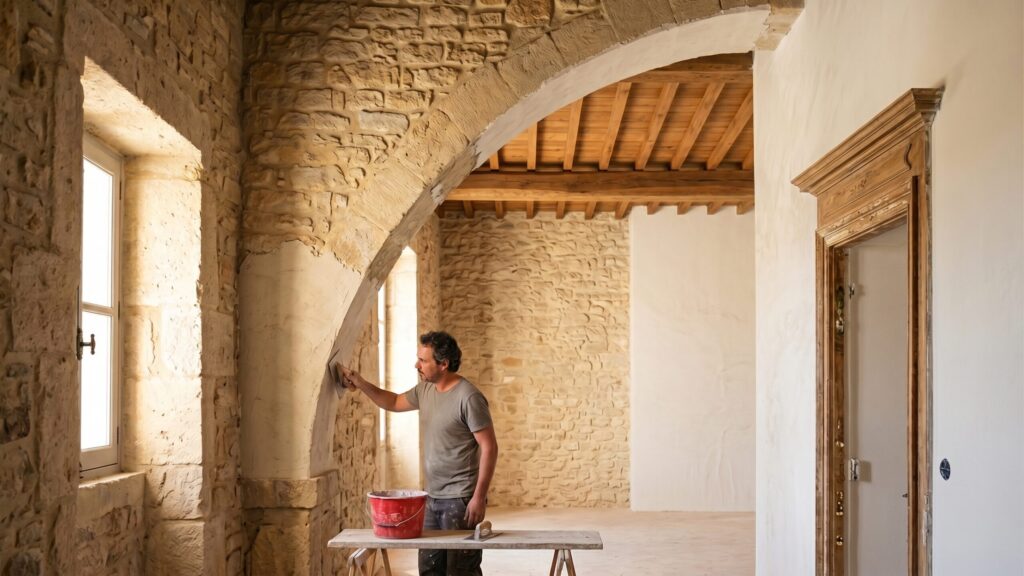 Artisan travaillant aux finitions d’une arche en pierre dans une pièce aux poutres apparentes