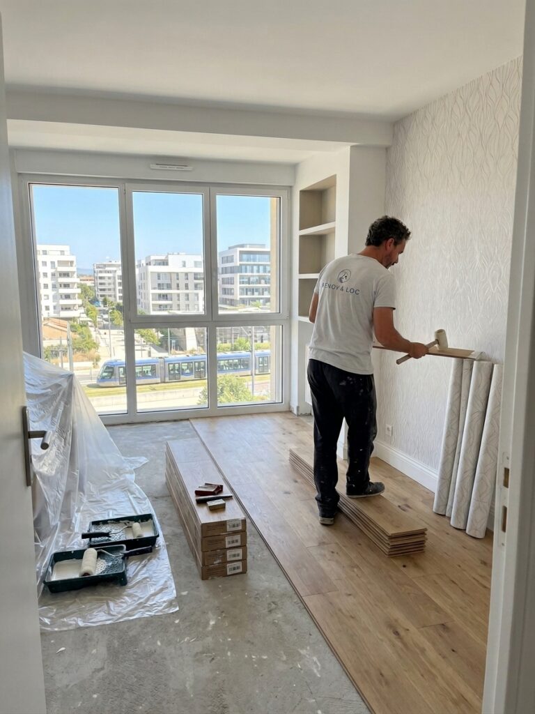 Artisan travaillant aux finitions d’un mur dans une pièce avec parquet et porte-fenêtre