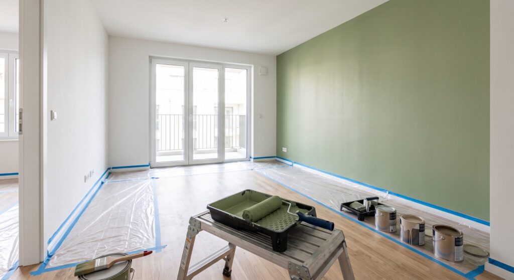 Pièce avec mur vert, sol protégé et matériel de peinture devant une baie vitrée