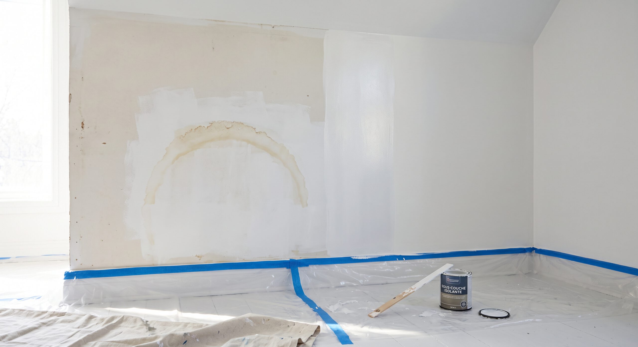 Auréole brune visible à travers une reprise de peinture blanche sur un mur