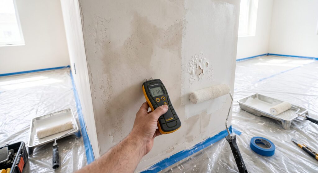 Main tenant un appareil de mesure contre un mur dégradé, près d’un rouleau