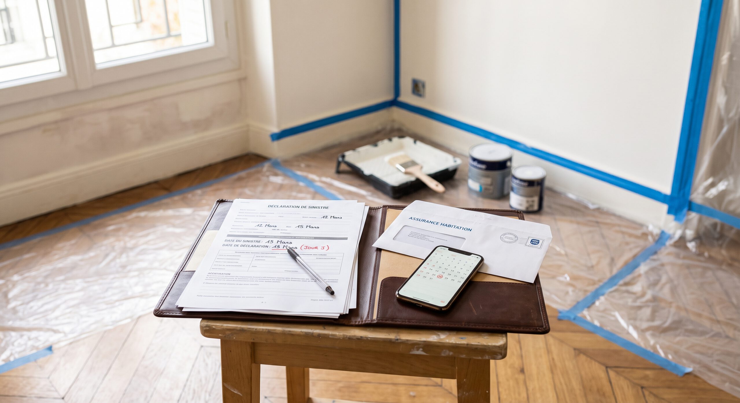 Documents et téléphone sur une table dans une pièce préparée pour la peinture