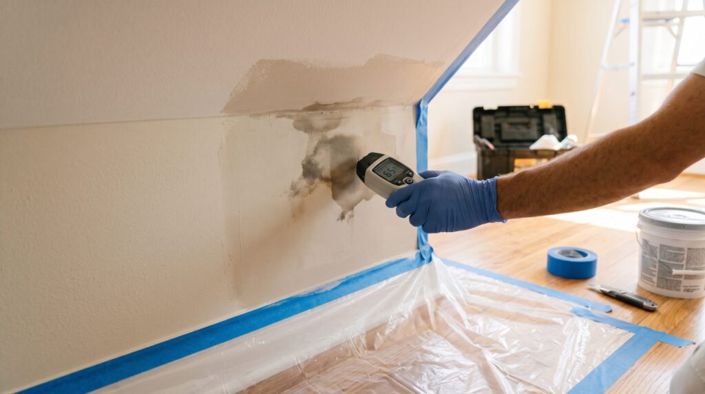 Main gantée tenant un appareil de mesure devant une trace sur un mur