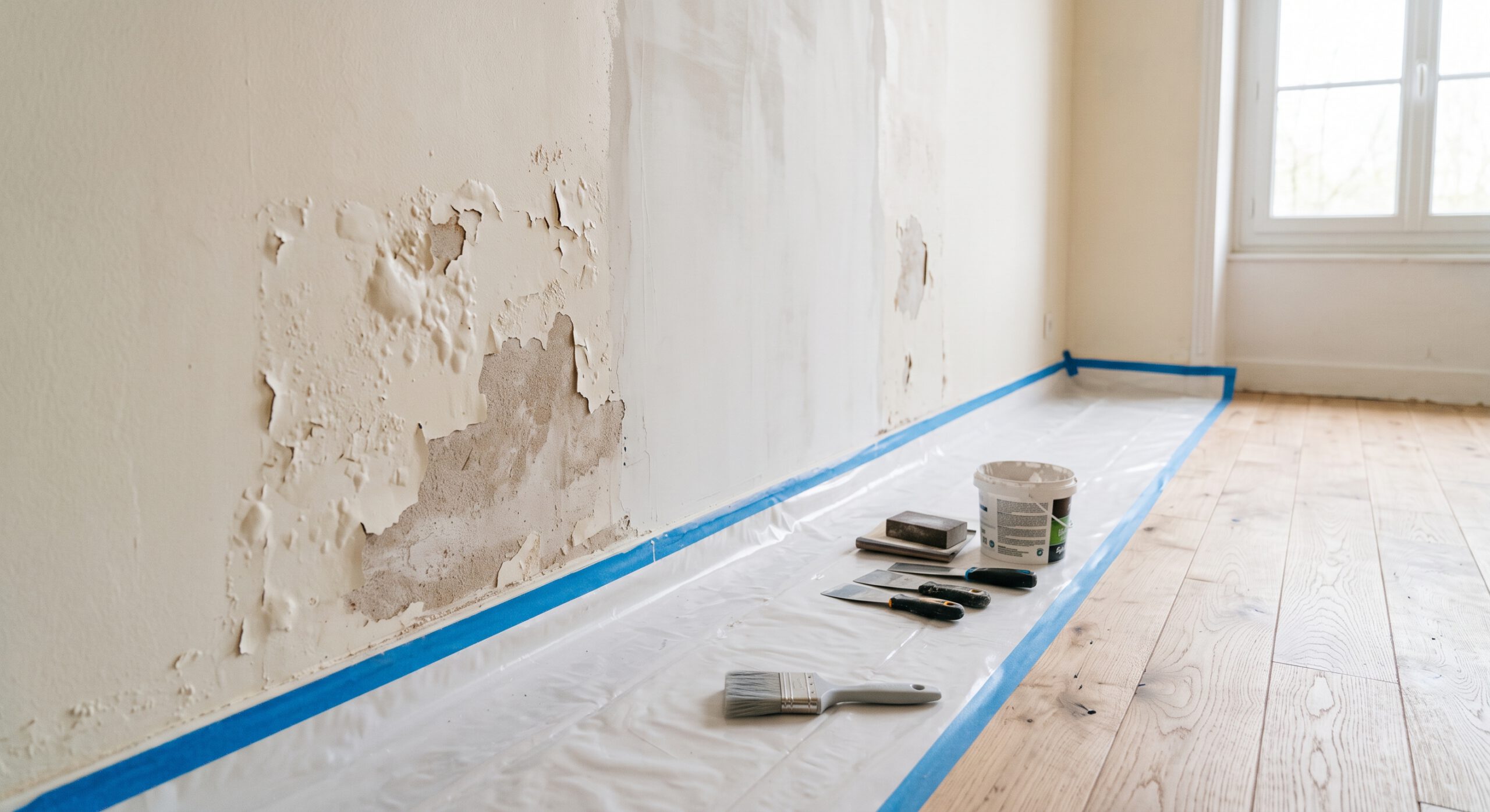 Peinture écaillée sur un mur avec sol protégé et outils de préparation