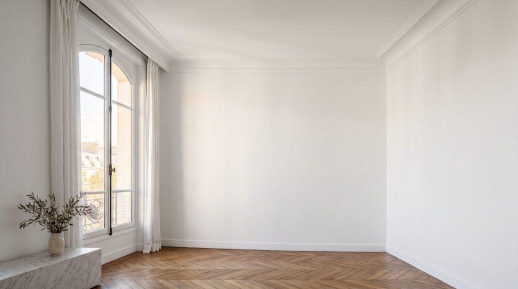 Pièce vide aux murs clairs, plafond à moulures et parquet en chevrons