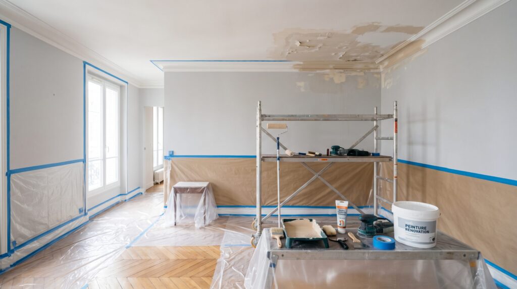 Plafond dégradé à moulures avec échafaudage et protections de chantier