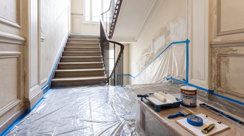 Cage d’escalier avec reprises d’enduit, protections et matériel de peinture