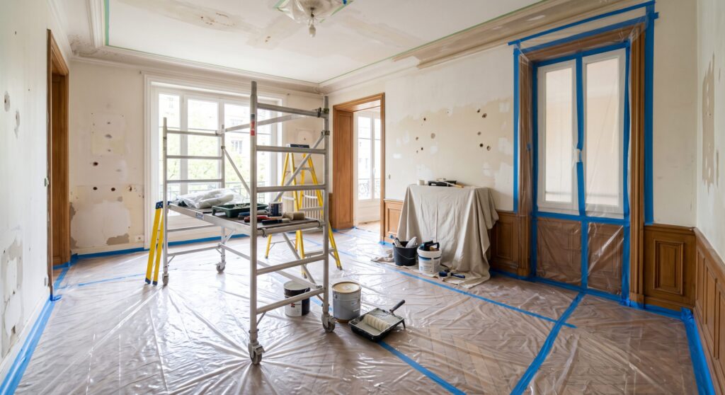 Pièce en rénovation avec murs et plafond dégradés, échafaudage et protections