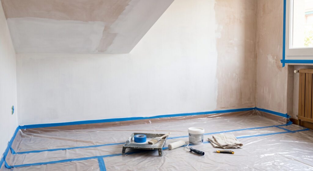 Murs et plafond mansardé en cours de reprise, avec sol protégé