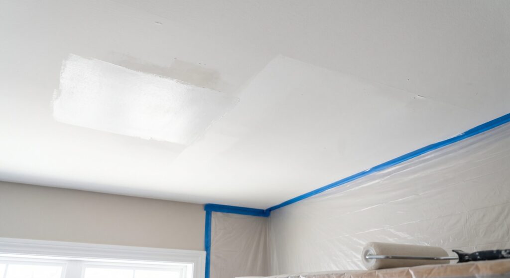 Retouches de peinture aux teintes différentes sur un plafond