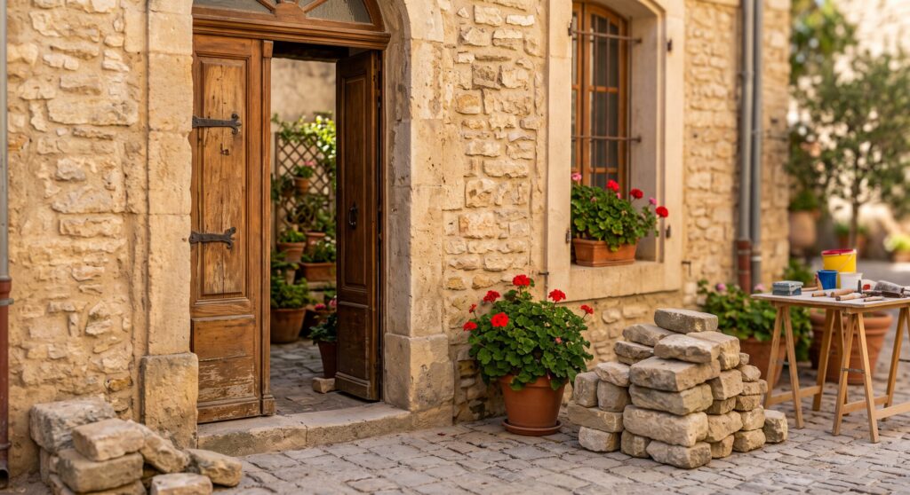 Entrée d’une maison en pierre avec porte en bois, pierres déposées et matériel de rénovation