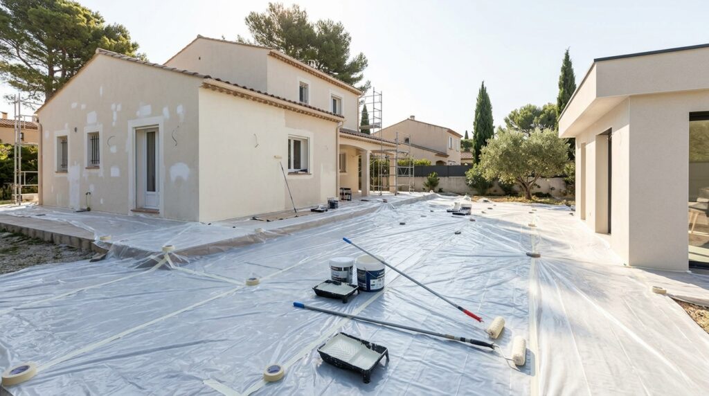 Façade de maison en préparation, avec reprises d’enduit, pots et rouleaux sur un sol protégé