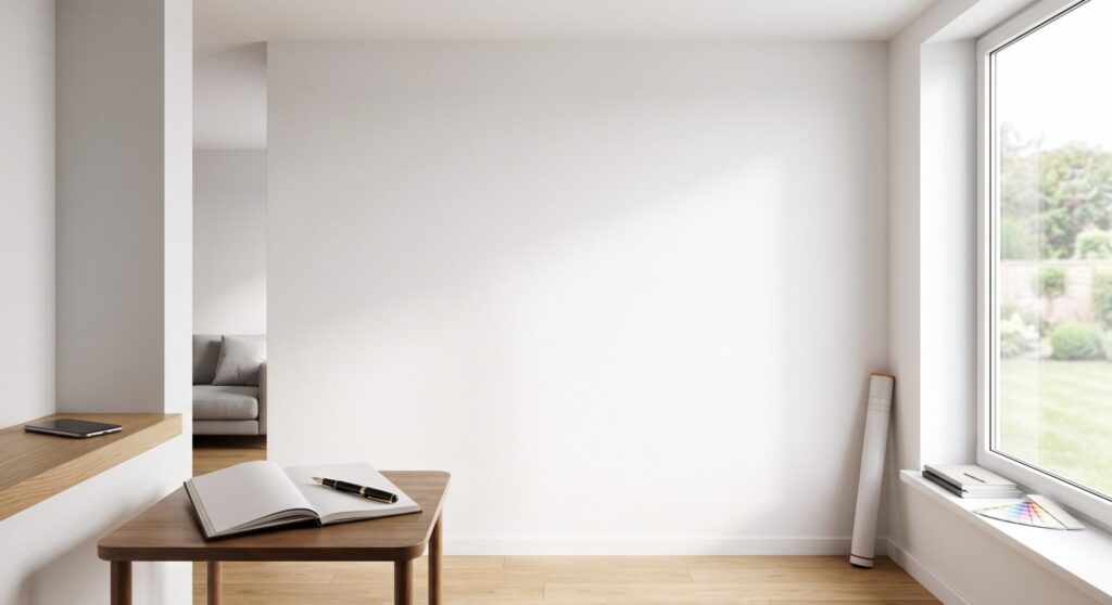 Mur blanc près d’une fenêtre avec carnet et rouleau de peinture