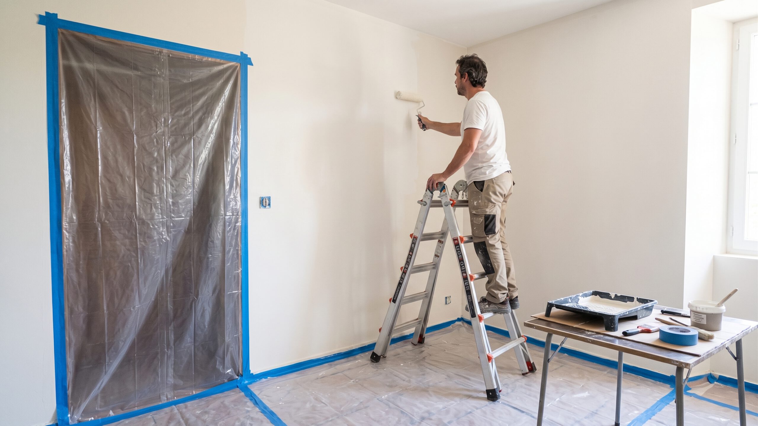 Artisan peignant un mur au rouleau sur un escabeau