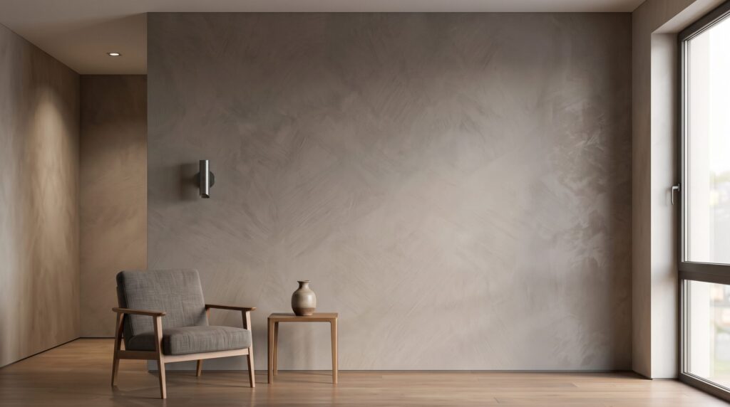 Pièce aux murs gris avec fauteuil et grande baie vitrée