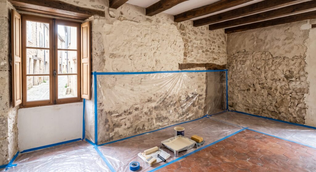 Pièce aux murs en pierre avec poutres et protections de chantier