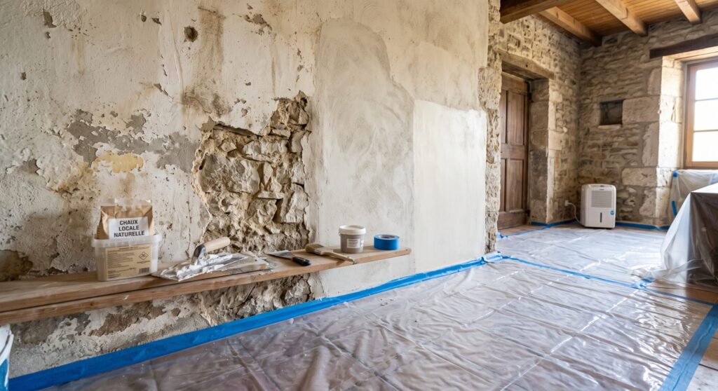 Mur ancien partiellement décapé, pierres apparentes et sol protégé