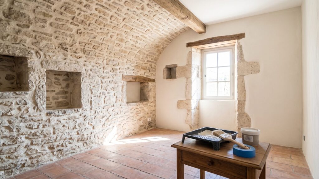 Pièce en rénovation avec voûte en pierre et poutres apparentes