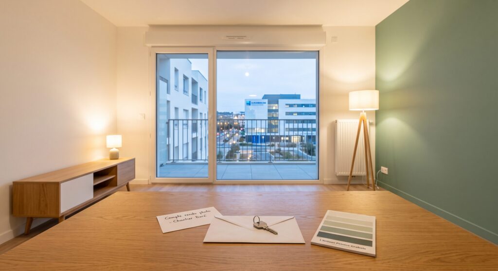 Séjour au mur vert avec baie vitrée et table en bois