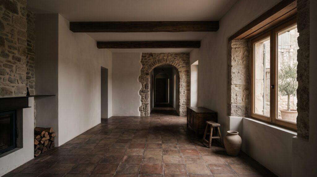 Intérieur aux murs clairs, poutres apparentes, encadrements en pierre et sol en terre cuite