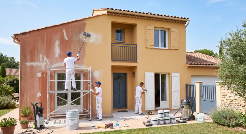 Artisans peignant une façade de maison avec un échafaudage