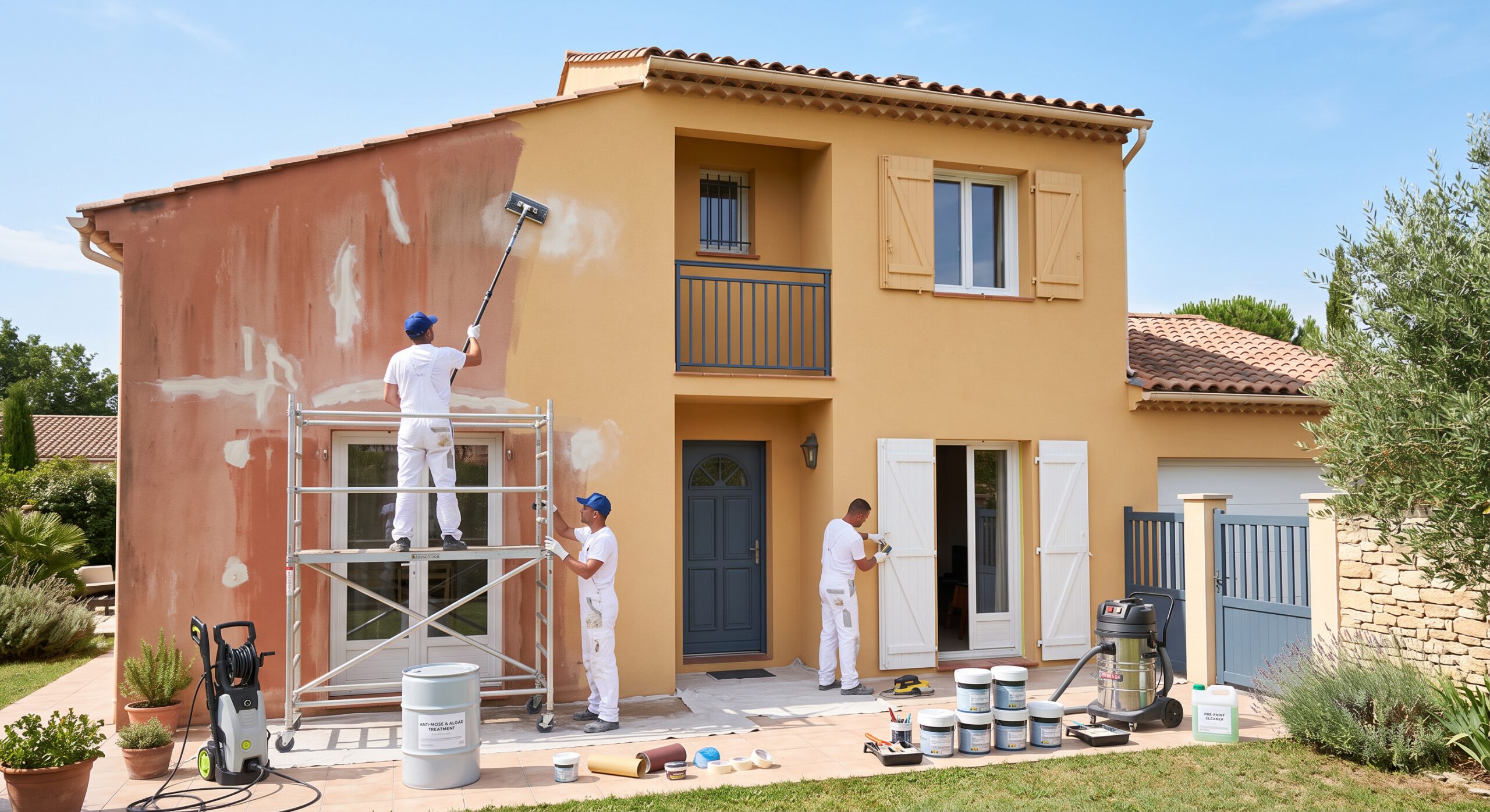 Artisans peignant une façade de maison avec un échafaudage
