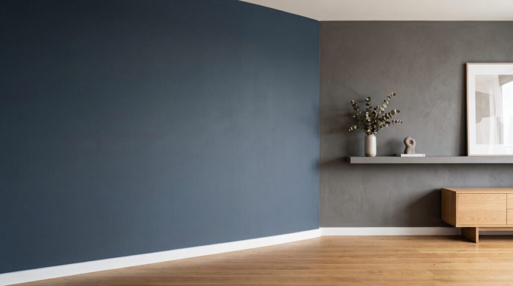 Pièce aux murs bleu et gris avec parquet et étagère murale