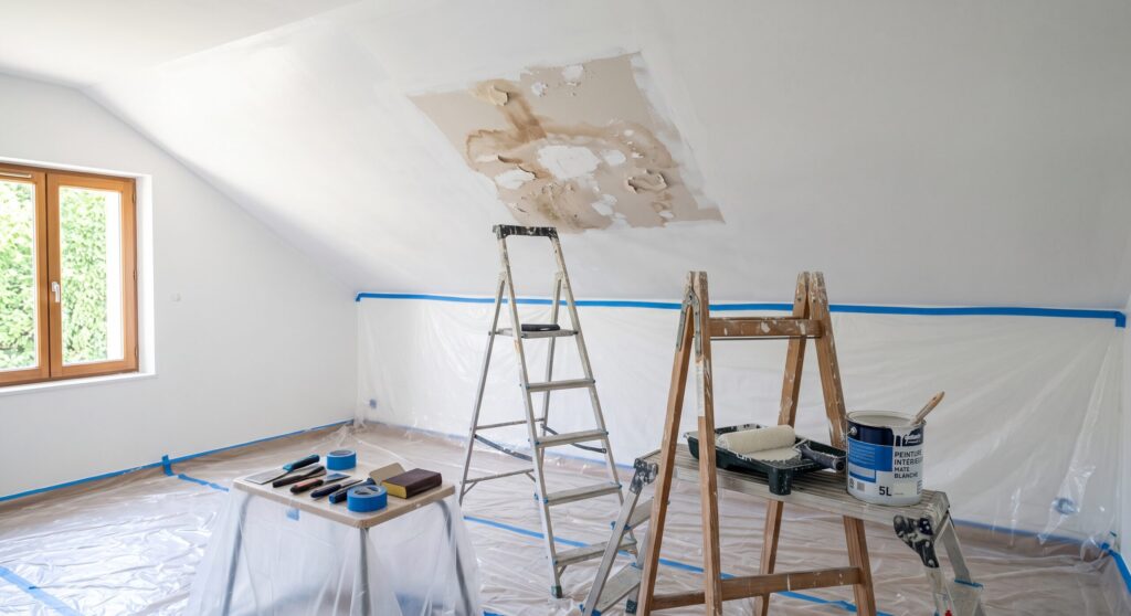 Plafond abîmé au-dessus d’escabeaux dans une pièce protégée