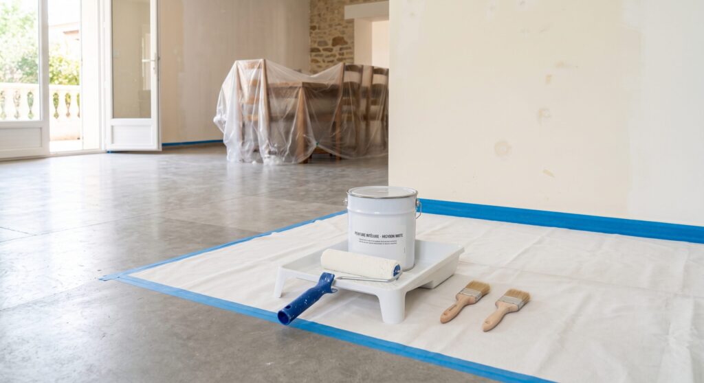 Rouleau, pinceaux et pot de peinture sur une bâche dans un séjour