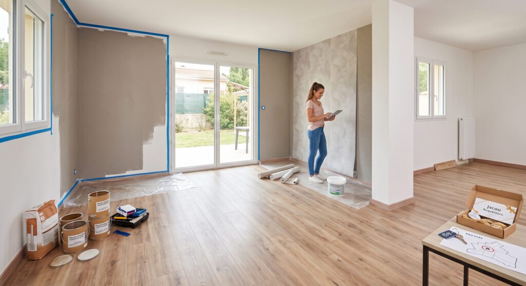 Personne dans un séjour en rénovation avec du matériel de peinture