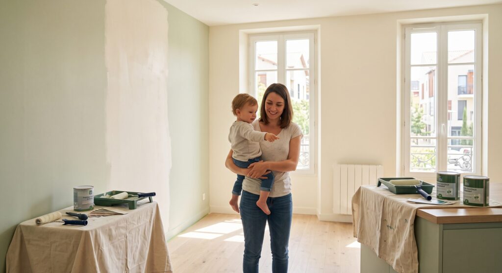 Adulte portant un enfant dans une pièce avec matériel de peinture et meubles protégés