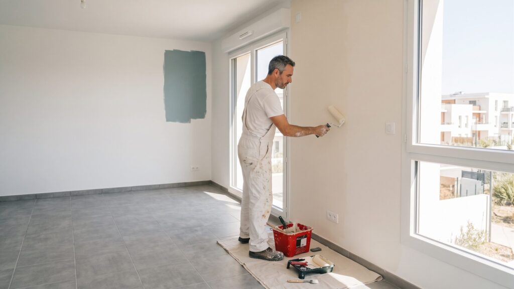 Artisan peignant au rouleau dans une pièce avec un échantillon de couleur au mur