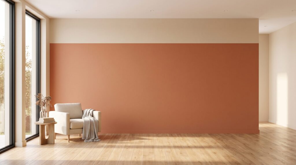 Pièce lumineuse avec mur terracotta, parquet et grandes baies vitrées