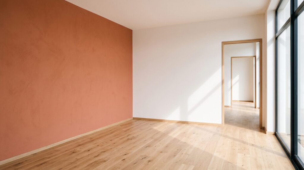 Pièce vide avec mur terracotta, parquet clair et baie vitrée