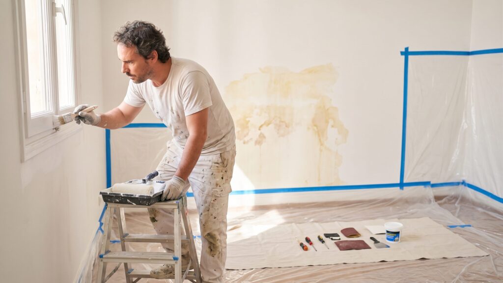 Artisan travaillant sur un encadrement de fenêtre près d’un mur abîmé