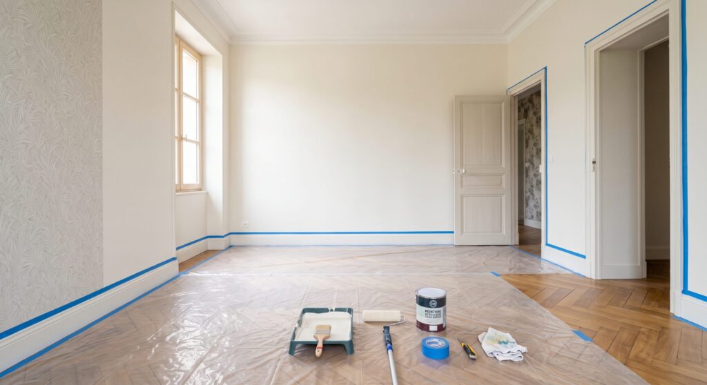Pièce avec moulures, parquet protégé et matériel de peinture au sol