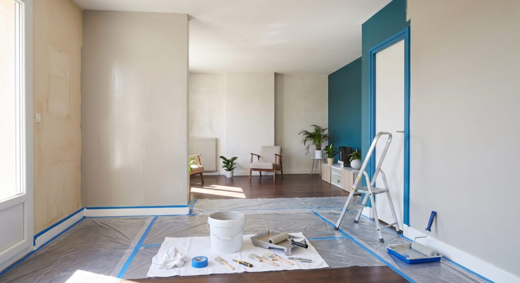Pièce en cours de peinture avec mur bleu, escabeau et sol protégé