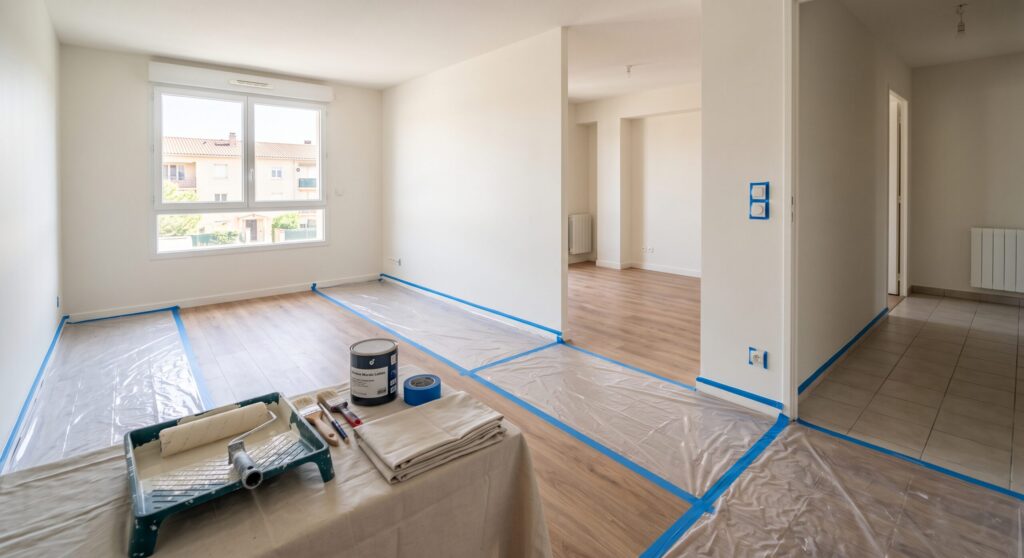 Appartement vide en rénovation avec sols protégés et matériel de peinture