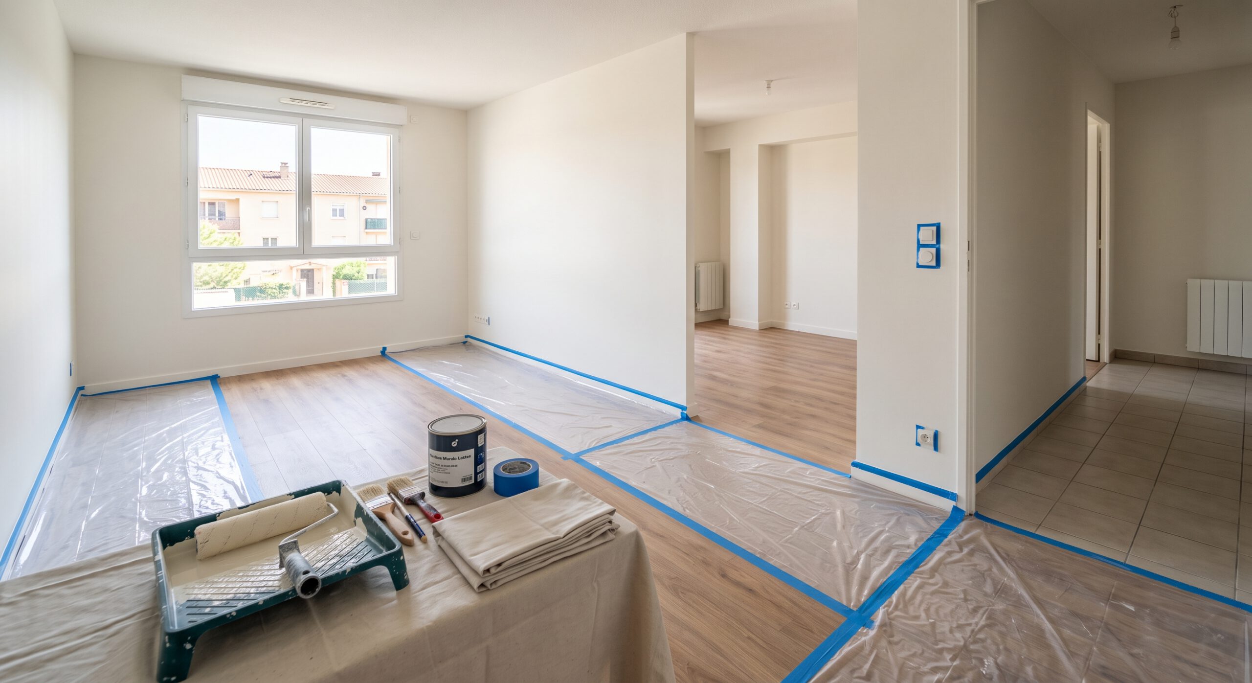 Appartement vide en rénovation avec sols protégés et matériel de peinture