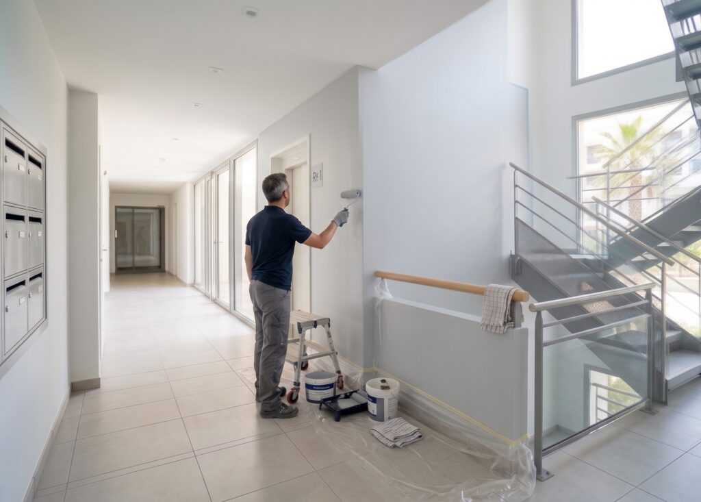 Artisan peignant un mur près de l’escalier dans un hall d’immeuble