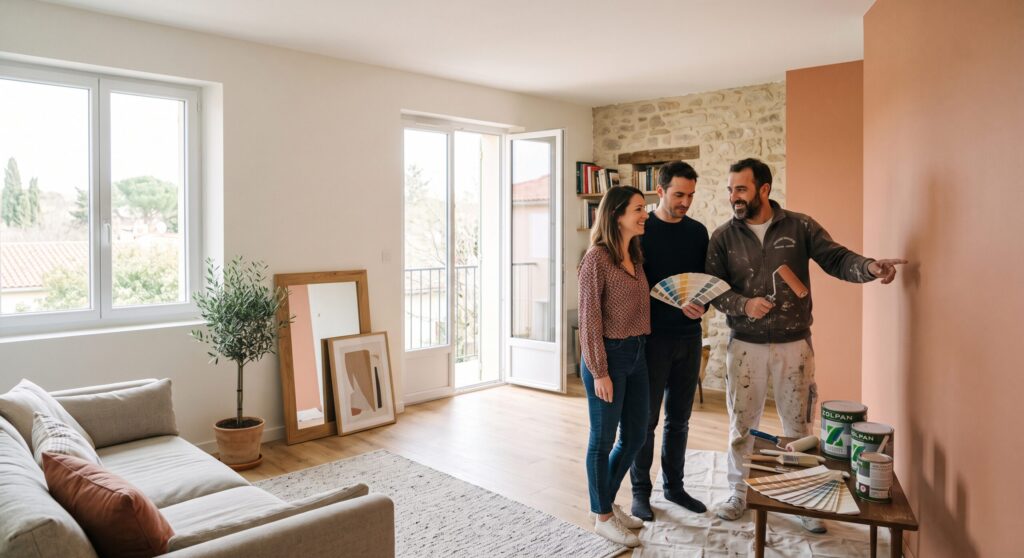 Trois personnes comparant un nuancier devant un mur terracotta