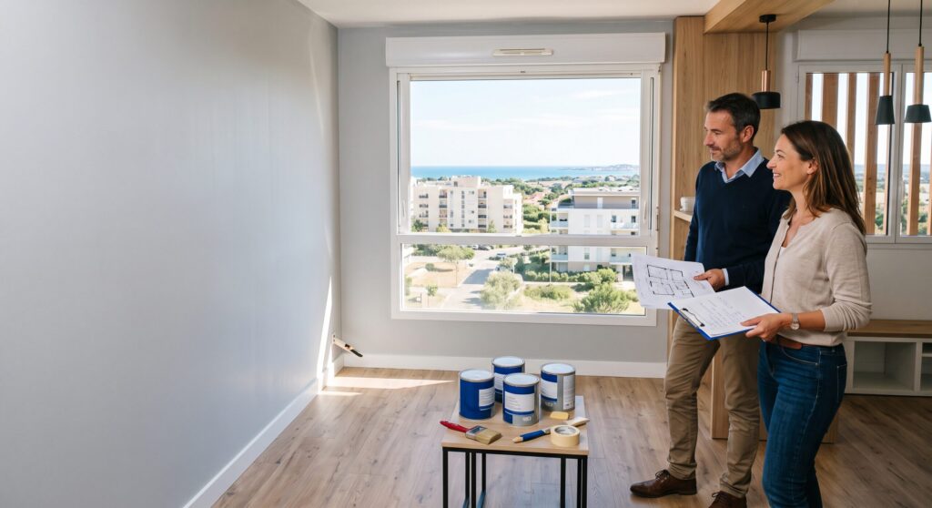 Deux personnes tenant des plans près de pots de peinture dans une pièce