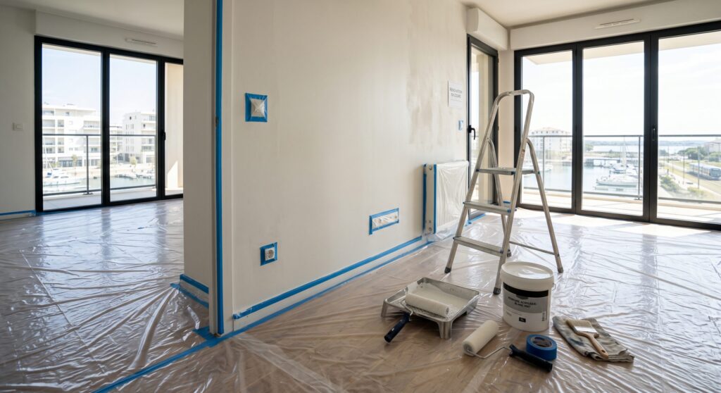 Pièce avec baies vitrées, escabeau et protections pour les travaux de peinture