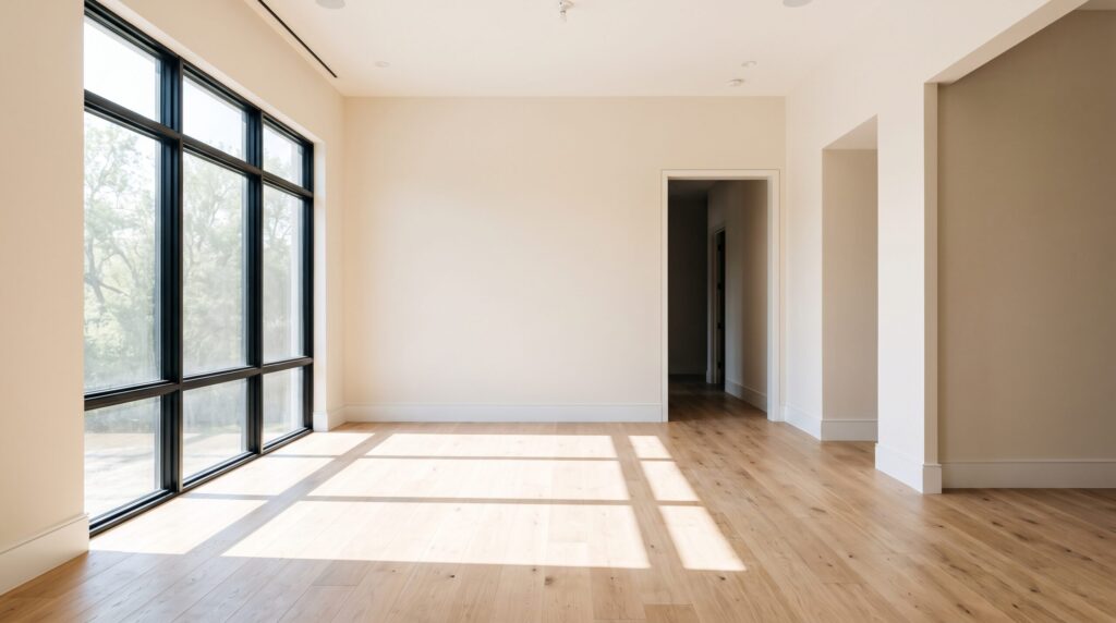 Pièce vide aux murs clairs avec parquet et grande baie vitrée