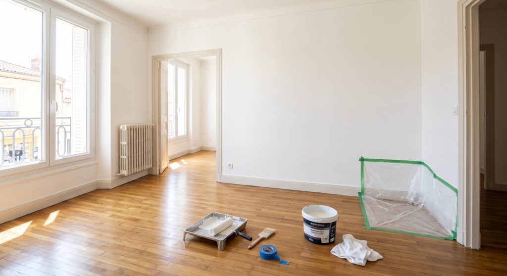 Pièce vide avec parquet, murs blancs et bac à peinture