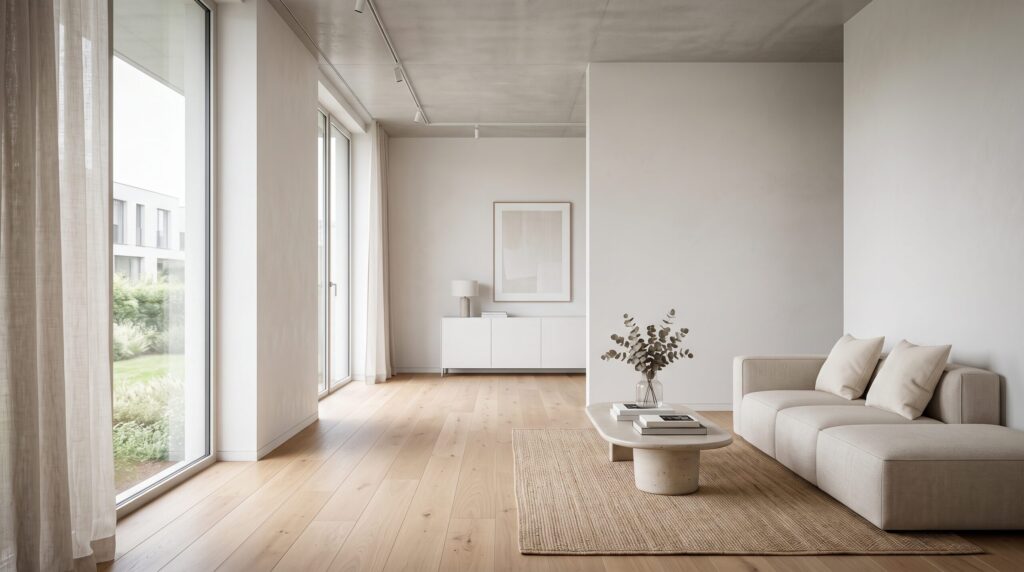 Séjour clair avec canapé, parquet et grandes baies vitrées