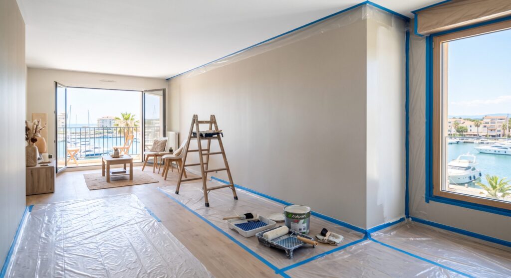 Séjour en cours de peinture avec escabeau et vue sur un port