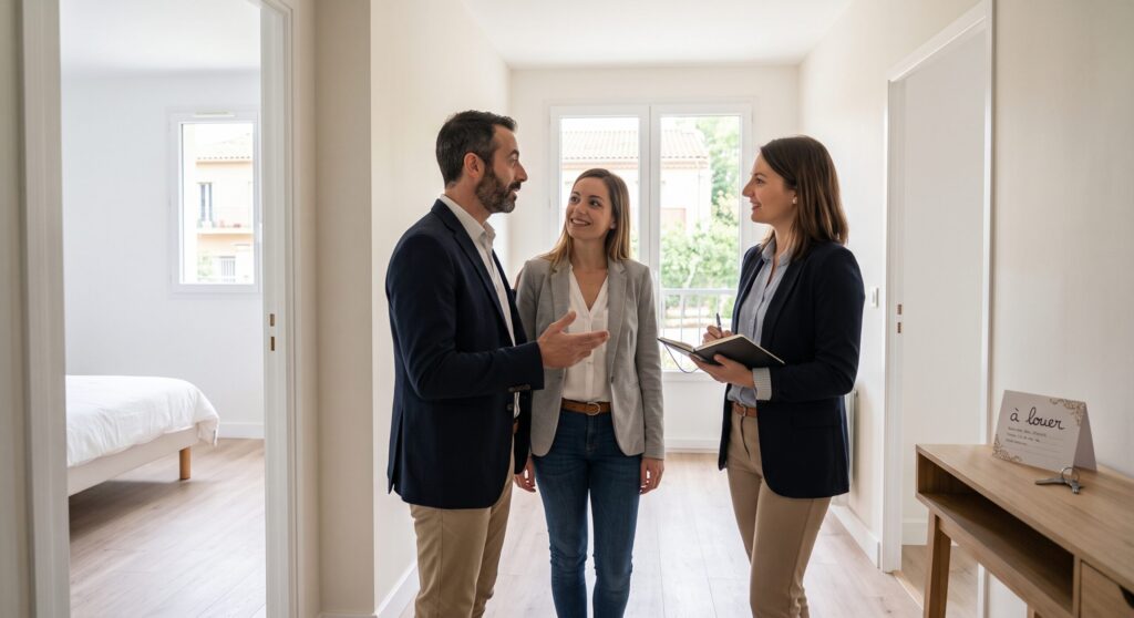 Trois personnes échangeant dans un appartement lumineux