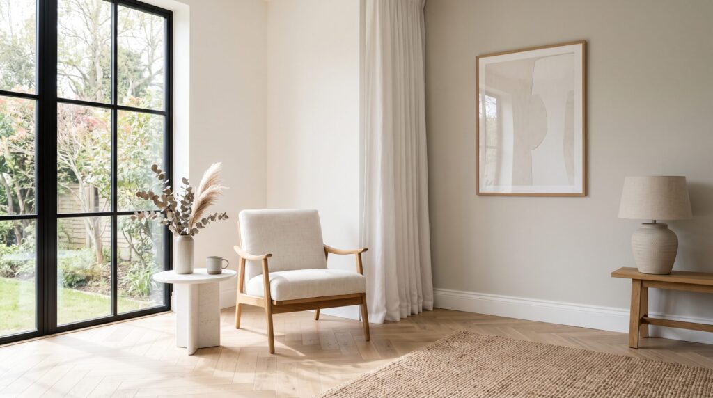 Coin lecture beige avec fauteuil, parquet et baie vitrée donnant sur le jardin