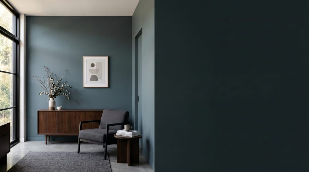 Coin lecture aux murs bleu foncé avec fauteuil et buffet en bois